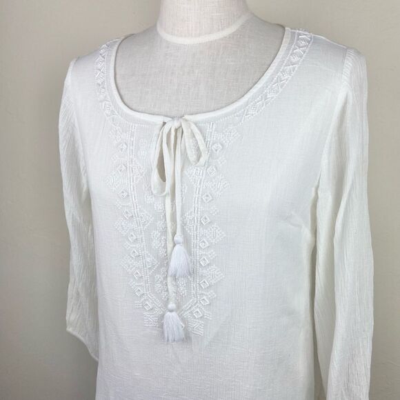 J. McLaughlin Embroidered Neck-Tie Boho Blouse - White - Picture 2 of 6